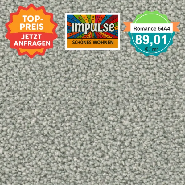 Teppichmuster mit Label „Impulse WOLFSBURG“ und Badge „Romance 54A4 – 89,91 €/m²“